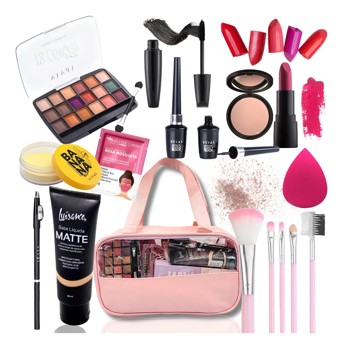 Maleta De Maquiagem Completa Com Pó De Banana Make Up Cor Base Média