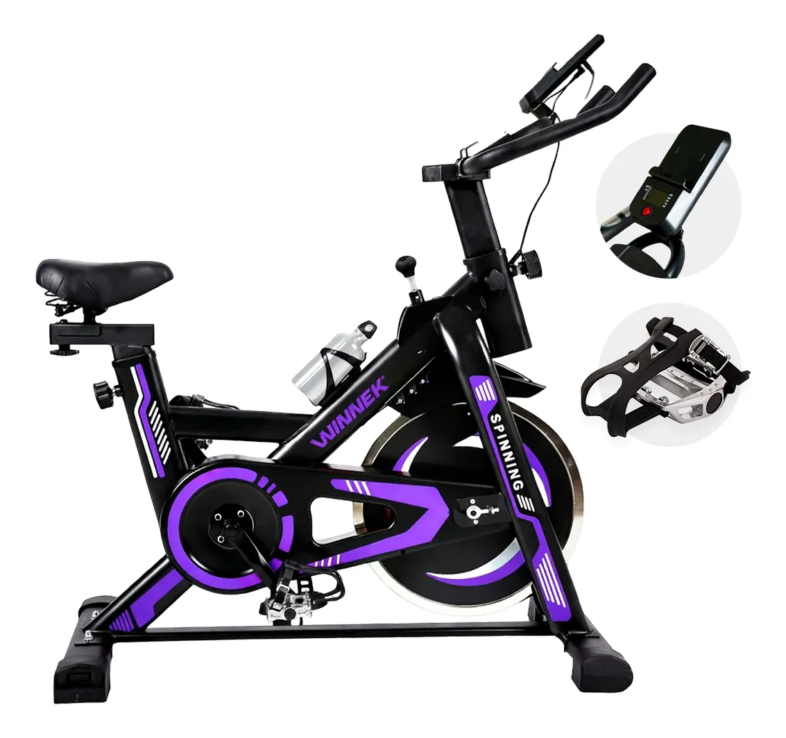 Bicicleta Ergométrica Spinning Com Roda Inércia De 13kg Mecânica Cor Preto Roxa -mecanica Suporte Para Celular / Tablet - Winnek Spin Force