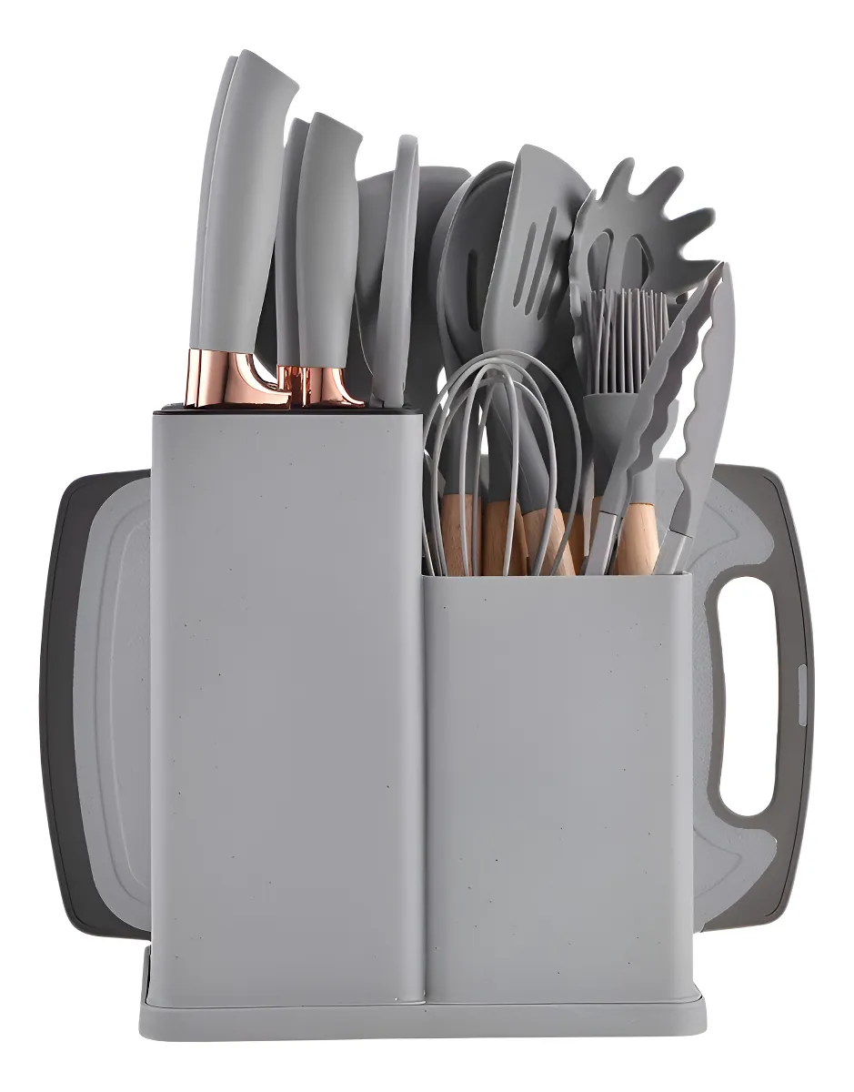 Kit 19 Utensílios de Cozinha Silicone com Cabo de Madeira Cinza