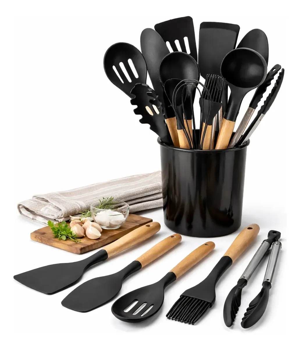 Kit Com 12 Utensílios De Cozinha Silicone Cabo De Madeira